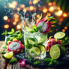 Mojito Cocktail with Splashing Lime , dragon fruit and Mint