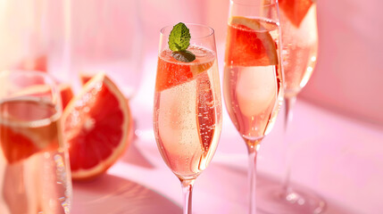 Poster - Champagne rose sparkling wine or paloma cocktails in crystal glasses on pink background with pieces citrus  Refreshing beverage with grapefruit slice and mint Summer drinks selective f : Generative AI