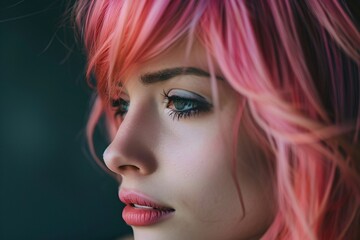 Wall Mural - Portrait of a young woman with vibrant pink hair in a studio setting