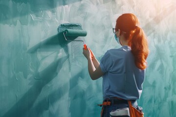 Poster - Painter woman with protective face mask using paint roller to refresh walls