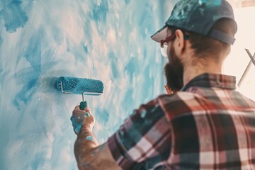 Wall Mural - Painter is completing a home painting job, using blue paint