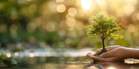 Wall Mural - Forest conservation concept in the hands of trees growing seedlings. Bokeh green background. Female hand holding tree on nature field grass.