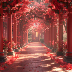 Wall Mural - A hallway with red columns and flowers in shades of magenta