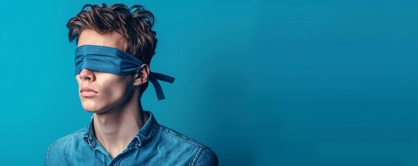 Wall Mural - Young man is posing with a blue blindfold covering his eyes