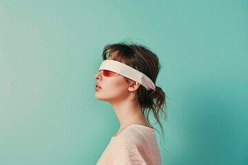 Wall Mural - Studio fashion portrait featuring a young woman with a blindfold covering her eyes