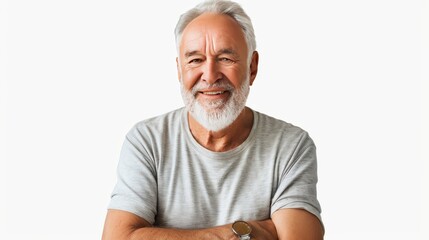 Grey senior man in t-shirt smiling and looking at camera isolated over white background