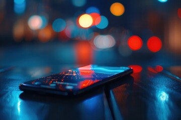Leinwandbilder - Close-up of a smartphone screen displaying a social media news feed, illuminated by city lights at night. Generative AI