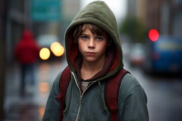 Portrait of a boy in a hood on the street in the evening