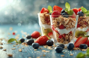 Wall Mural - Fresh Strawberry and Blueberry Parfaits With Granola and Yogurt