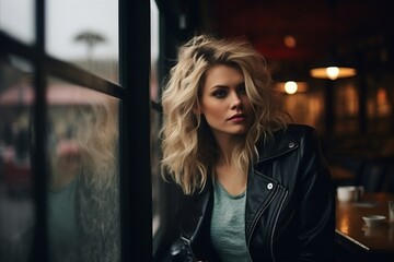 Wall Mural - Beautiful young woman in a cafe. Blonde girl in a cafe.