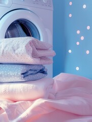 Aufkleber - A white washing machine sits in a blue room with a stack of folded laundry on top of it. The laundry is neatly folded and appears clean. Generative AI