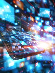 Aufkleber - A smartphone screen showcasing a fast-paced social media news feed, representing the constant flow of information in the digital age. Generative AI