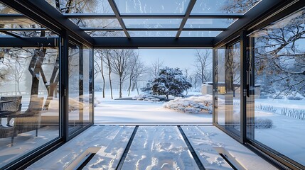 Wall Mural - winter garden room with insulated glass walls that slide open to connect with a snowy outdoor landscape, featuring heated pathways for comfortable year-round use