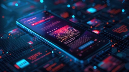 Leinwandbilder - A close-up image of a smartphone screen displaying a social media news feed. The feed features a story about a city, with a map highlighting key locations. Generative AI