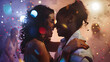 © Generative AI - Happy lesbian couple enjoying while dancing amidst family and friends during wedding celebration : Generative AI