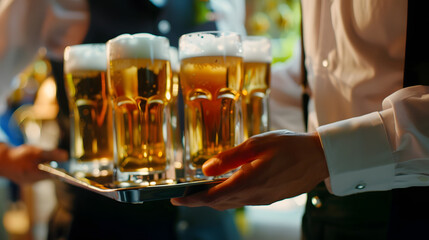 Poster - Waiter serving glasses of cold beer on the tray : Generative AI