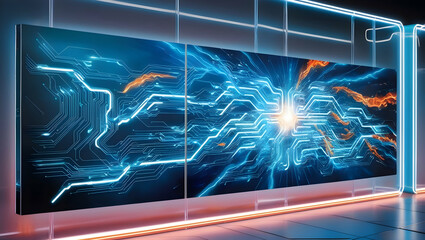 Lighting digital network connection, representing digital innovation and connectivity in a screen panel 