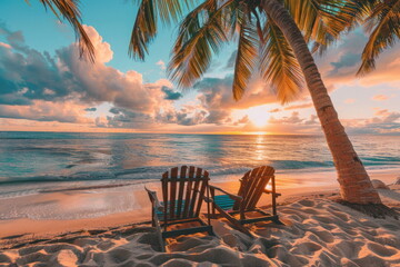 Canvas Print - Beach chairs are placed on a beautiful beach with coconut trees.