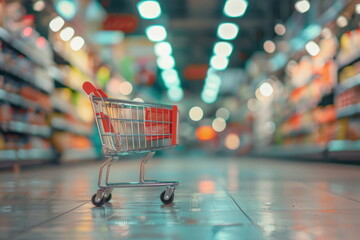 Wall Mural - Cart with blur supermarket background