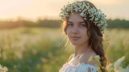 Wall Mural - Beautiful young woman portrait in a white dress in boho style with a floral wreath in the summer in the field Selective soft focus : Generative AI