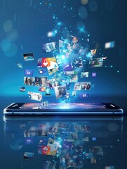 Fototapete - A smartphone displaying a social media news feed with colorful images and icons, representing the flow of information in the digital world. Generative AI