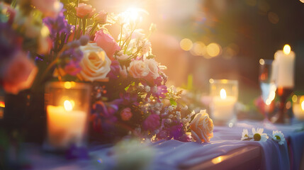 Poster - rustic wedding decorations with flowers and candles banquet decor picture with soft focus : Generative AI