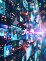Leinwandbilder - An abstract photo of a smartphone screen displaying a social media news feed with colorful lights and blurry backgrounds. Generative AI