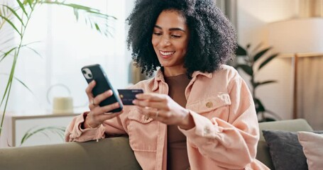 Canvas Print - Woman, credit card and smartphone in living room on sofa, fintech and online transaction for shopping or purchase in home. Customer, internet payment and app for banking, e commerce and relax