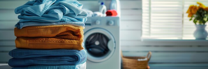 Aufkleber - A stack of freshly washed and folded clothes sits near a white washing machine in a laundry room. Generative AI