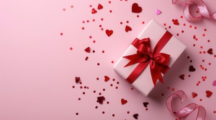 Gift box with red ribbon on pink background, surrounded by heart-shaped confetti, ideal for celebration, birthday, or Valentine's Day.