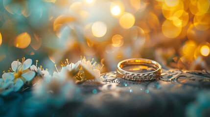 Wall Mural - A wedding is a ceremony where two or more people are united in marriage Wedding traditions and customs vary greatly between culturesselective focus wedding concept ring : Generative AI