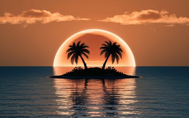 Wall Mural - Illustration of a sunset over the ocean behind a small island with two palm trees.