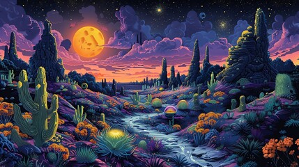 Wall Mural - Alien World: An imaginative, otherworldly landscape with strange plants, alien creatures, and vibrant, surreal colors, transporting viewers to an entirely different realm. Illustration, Minimalism,