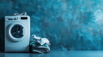 Aufkleber - A white washing machine with a closed door is positioned in front of a blue wall. A stack of neatly folded laundry sits in front of the machine. Generative AI