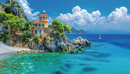 Sticker - A charming Mediterranean villa overlooking a turquoise bay with a sailboat in the distance. Generated by AI.