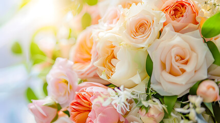 Wedding flowers bridal bouquet closeup Decoration made of roses peonies and decorative plants closeup selective focus nobody objects : Generative AI