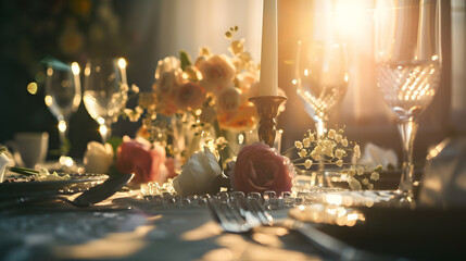 Poster - Beautiful decorated wedding table with festive cutlery flowers and wedding decoration Selective focus : Generative AI