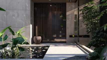 Wall Mural - Zen-inspired entryway with a dark mahogany door, complemented by a tranquil water feature and minimalist greenery