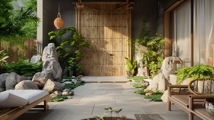 Wall Mural - zen-inspired entryway with a bamboo door, surrounded by peaceful rock gardens and minimalist wooden furniture