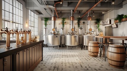 Wall Mural - off-white themed artisanal brewery, where craft beer lovers can tour the brewing process, taste exclusive brews, and enjoy a rustic yet modern taproom
