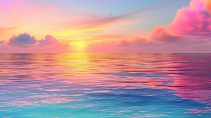 A stunning sunset over calm ocean waters, with vibrant pink and orange clouds reflecting on the serene sea surface, creating a peaceful scene.