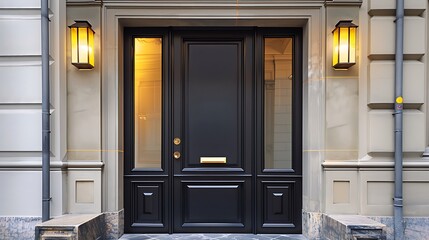 Wall Mural - elegant door painted in matte black, framed by polished wood panels and soft yellow lights for a warm welcome