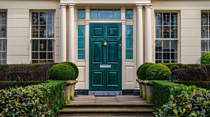 Wall Mural - emerald green door on an elegant Georgian home, with symmetrical windows and manicured boxwood hedges