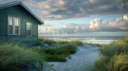 Wall Mural - beachfront cottage with a dark seafoam green exterior, sandy paths, and dune grass swaying in the wind