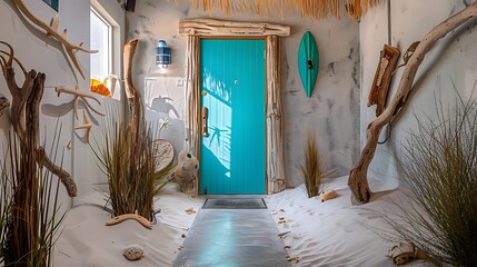 Wall Mural - beach house entryway with a turquoise door, surrounded by sandy dunes and driftwood decor