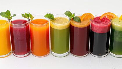 Wall Mural - A row of colorful drinks in glasses, including orange, green, and red