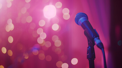 Poster - Microphone over the Abstract blurred photo of conference hall or wedding banquet background : Generative AI