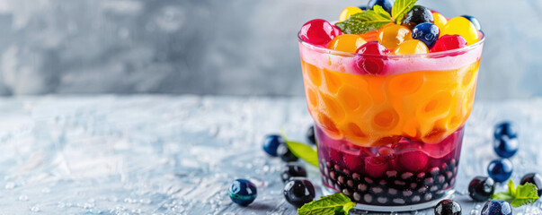 Wall Mural - A glass of fruit juice with blueberries and mint leaves