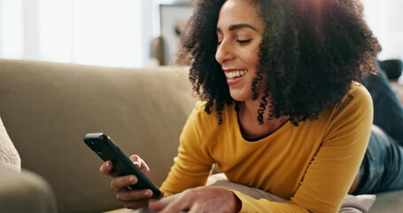Poster - Woman, card and smartphone and relax on sofa, fintech and online transaction for shopping in home. Customer, internet payment and sale app or banking, e commerce and happy for purchase in apartment