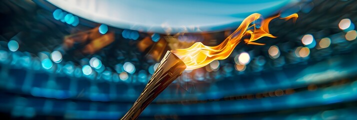 Torch with flame on blurred dark background with lights and sparkles. Olympics Games Fire. Opening ceremony. Summer Olympic Games in France. Sports game victory symbol. Banner or card with copy space